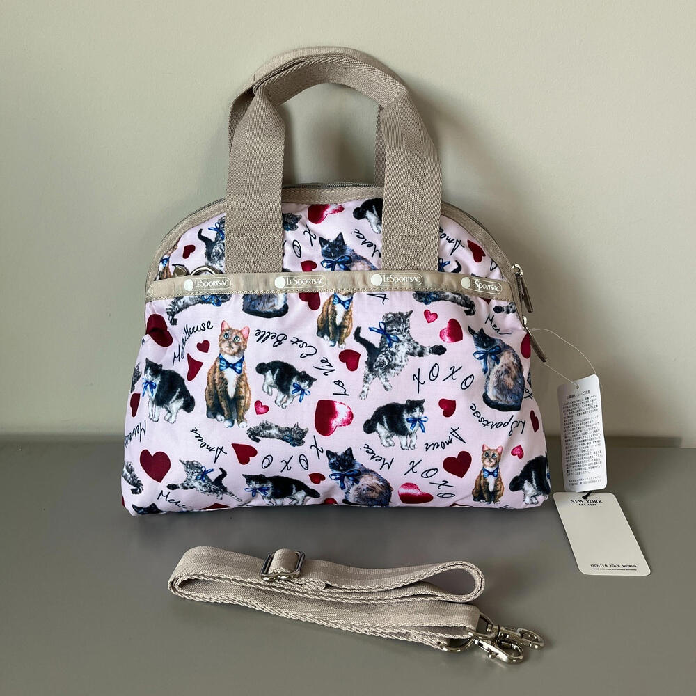 Pink Cat Print Shoulder Bag with Beige Trim